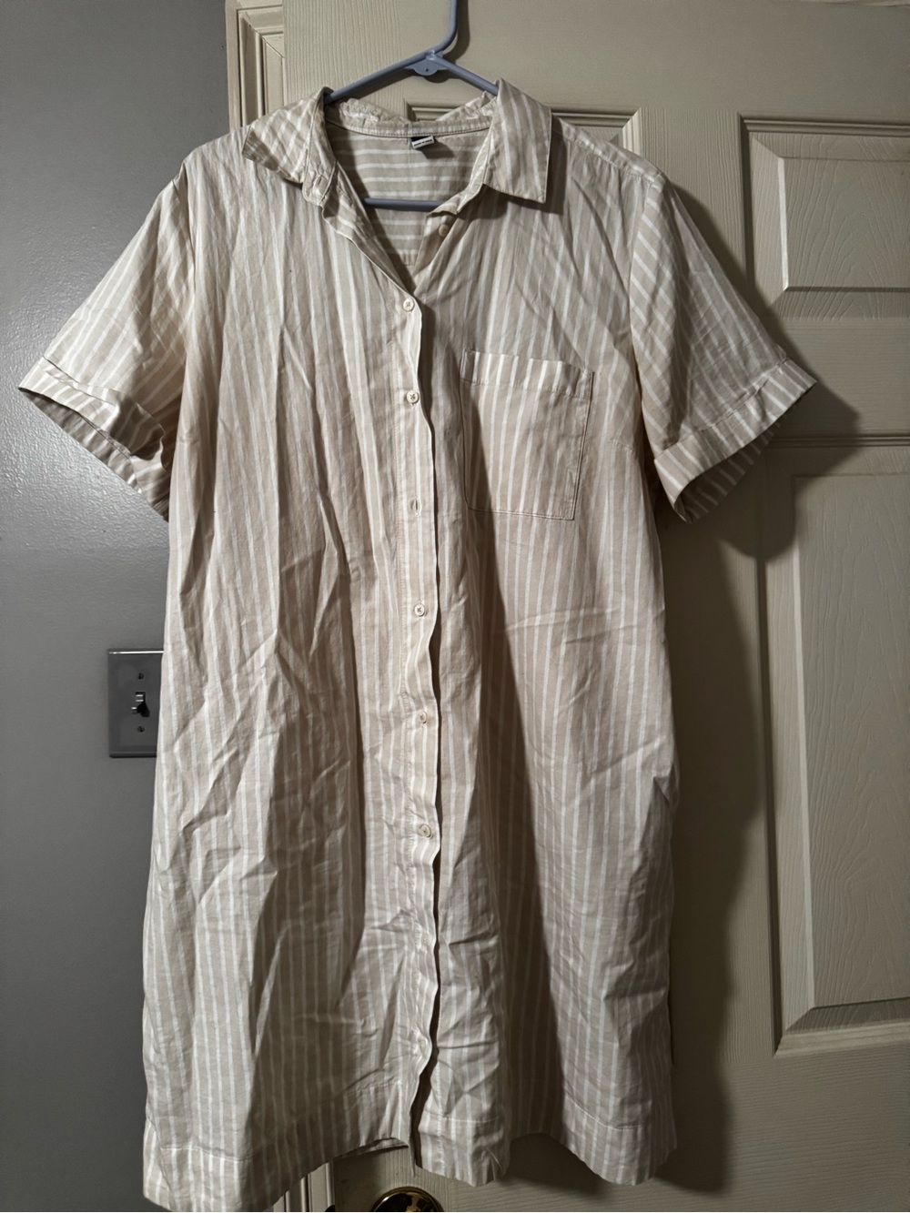 Old Navy Beige and White Striped Midi Shirt Dress